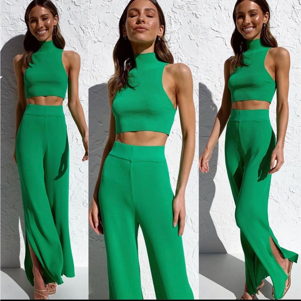 Green halter tank and pant 2 piece ribbed matching set